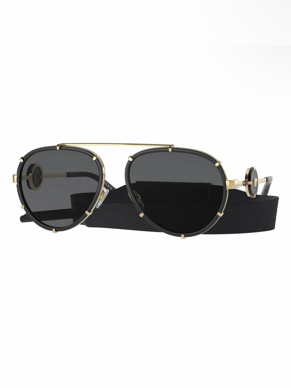 New Versace VE2232 143887 Gold-Trim Black Aviator Sunglasses Authentic